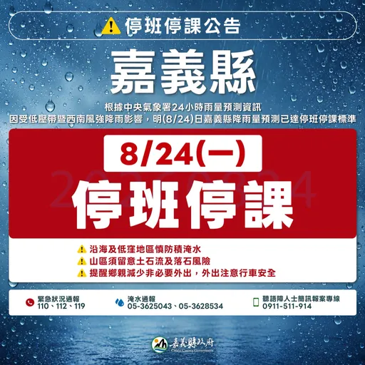 嘉南高屏花東6縣市8/24停班課