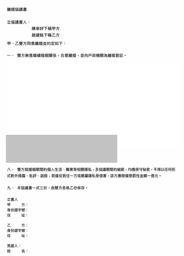 王姓友人昨深夜再發文指出，離婚協議書就是鐵證。