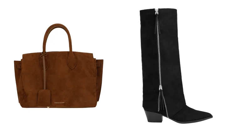 CHARLES & KEITH Ginevra仿麂皮中型托特包（左）3190元、Aether拉鍊粗跟直筒靴（右）3590元。品牌提供