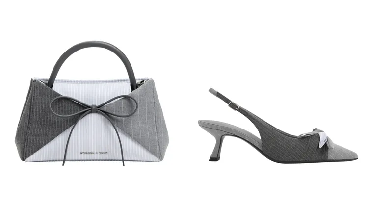 CHARLES & KEITH Hazel撞色手提包（左）、布面拼接裸跟鞋（右），各2190元。品牌提供
