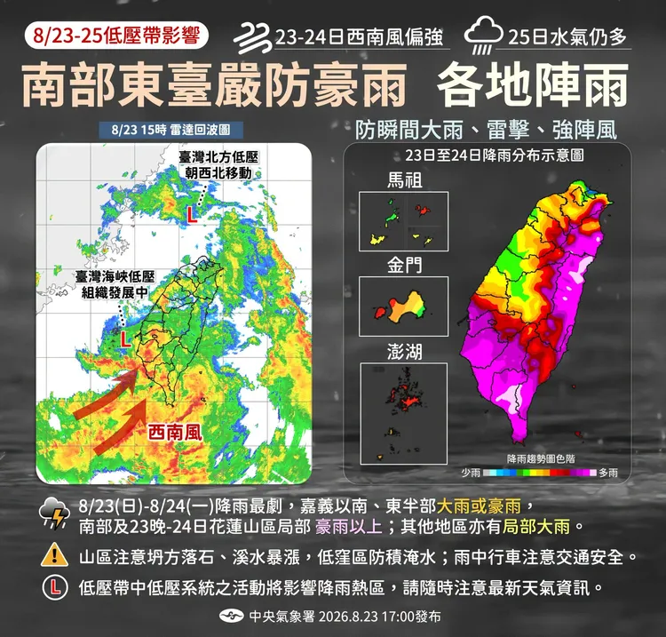 南高屏豪雨持續，東部地區也出現顯著降雨。中央氣象署
