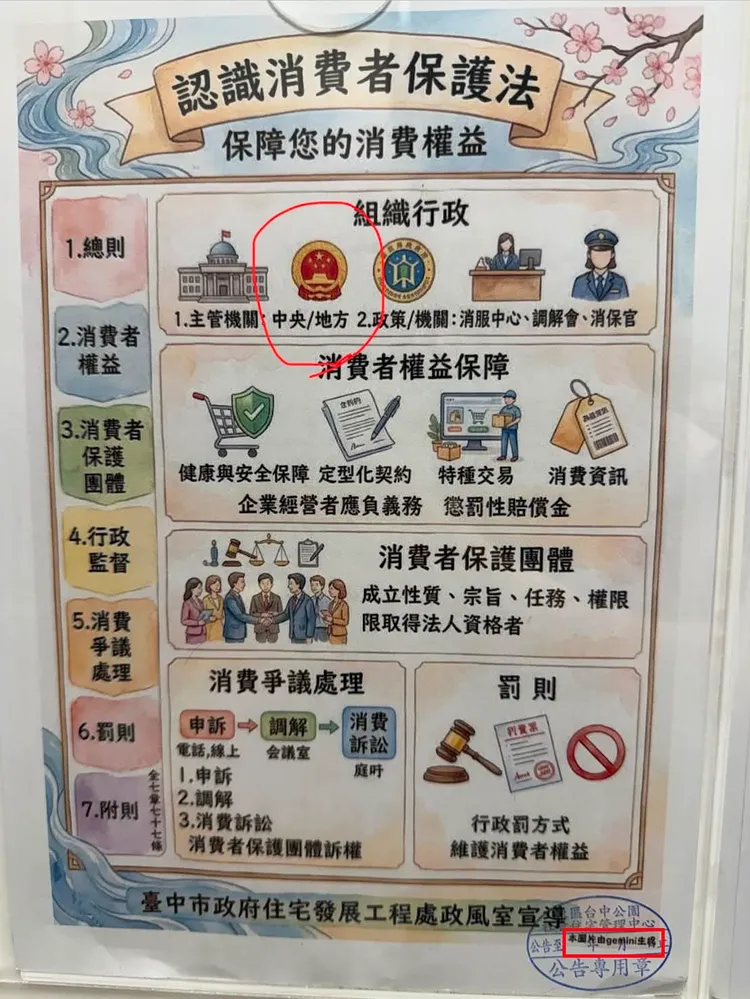 公告右下方註明「本圖片由Gemini生成」，市府未審核就貼出鬧出笑話。翻攝Threads/hiko.hane