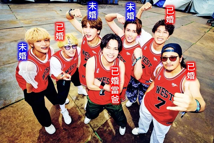 「WEST.」從去年1月開始陸續有成員結婚，到本月過半數成為人夫，重岡大毅（中）孩子都生了才報告，讓粉絲無法接受。左起中間淳太、神山智洋、藤井流星、重岡大毅、小瀧望、彬田崇裕、桐山照史。翻攝WEST. X