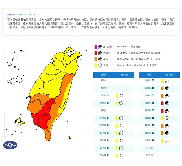 西南風偏強及低壓帶影響，今明兩日迎降雨高峰，南部雨勢更明顯。中央氣象署