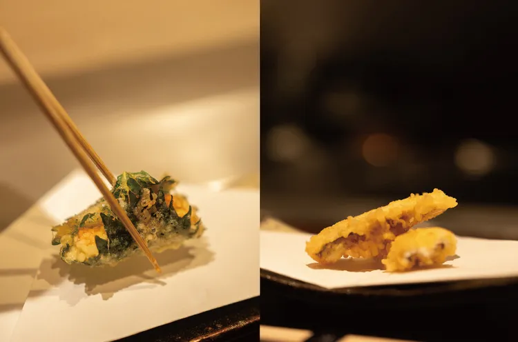 圖左至右為紫蘇海膽及星鰻，以輕盈薄衣包覆旬味食材，展現天孝對油溫與起鍋時機的精準掌握。然一酒店提供
