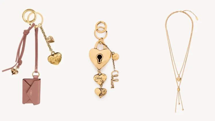 Chloé Symbols粉色鑰匙圈（左）1萬5900元、Symbols心形鑰匙圈1萬8500元、Mini Paddington復古金鎖頭吊墜長鍊2萬3600元。品牌提供