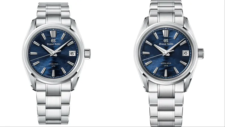 Grand Seiko Evolution 9系列藍色諏訪湖SLGB013（左）、SLGB015腕錶（右），各28萬元。品牌提供