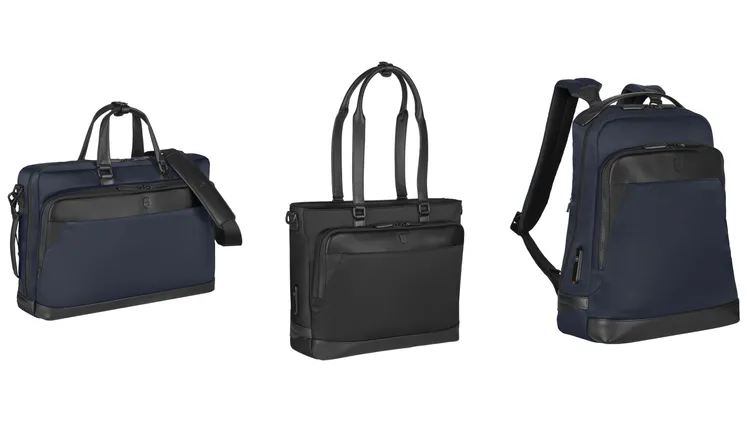 VICTORINOX Alox Nero系列三用公事包（左起）1萬3500元、托特包1萬1500元、後背包1萬2500元。品牌提供

