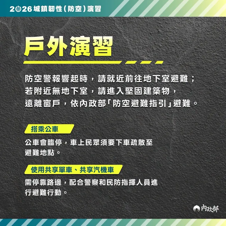 今年城鎮韌性防空演習戶外演練重點。內政部提供