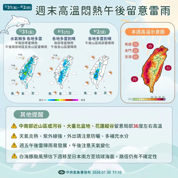 週末（7月31日至8月2日）天氣整理。中央氣象署