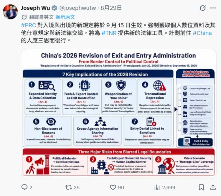 吳釗燮在社群平台X發文提醒到中國的風險。圖取自吳釗燮X平台
