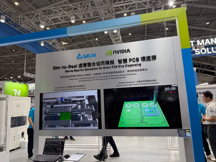 台達透過運用高擬真物理引擎與 A演算法，自動優化PCB噴塗膠製程配方，實現無縫虛實整合。呂承哲攝