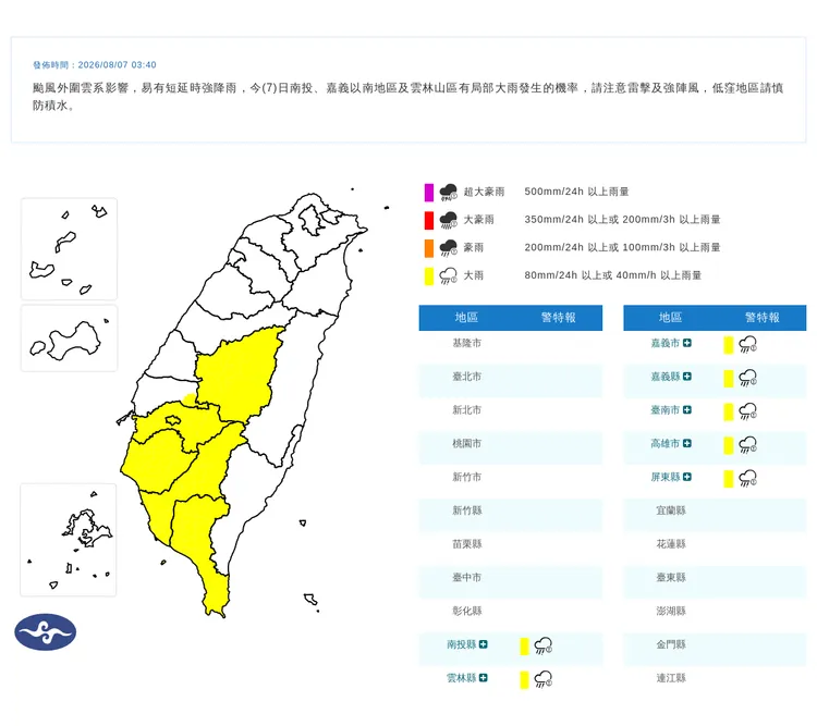 今晨大雨襲中南部7縣市。中央氣象署