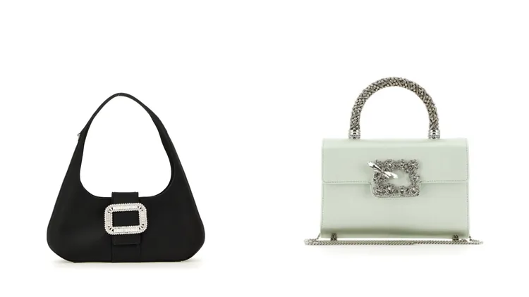 ROGER VIVIER Pilgrim黑色光面緞水晶扣HOBO包（左）8萬1600元、Flower Strass薄荷綠緞面珠寶提把.蜻蜓花鑽釦（右）12萬9600元。品牌提供