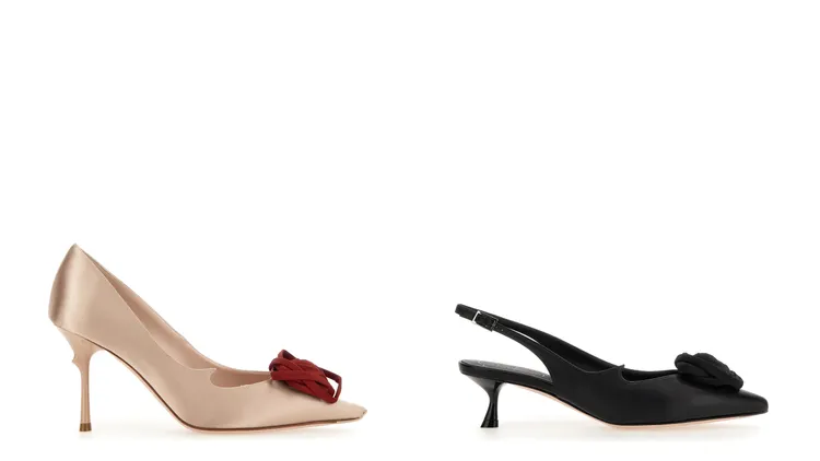 ROGER VIVIER I Love Vivier Rose金色光面緞紅色立體玫瑰花高跟鞋 （左）、I Love Vivier Rose黑色小羊皮立體玫瑰花飾後拉帶跟鞋（右），各5萬8900元。品牌提供