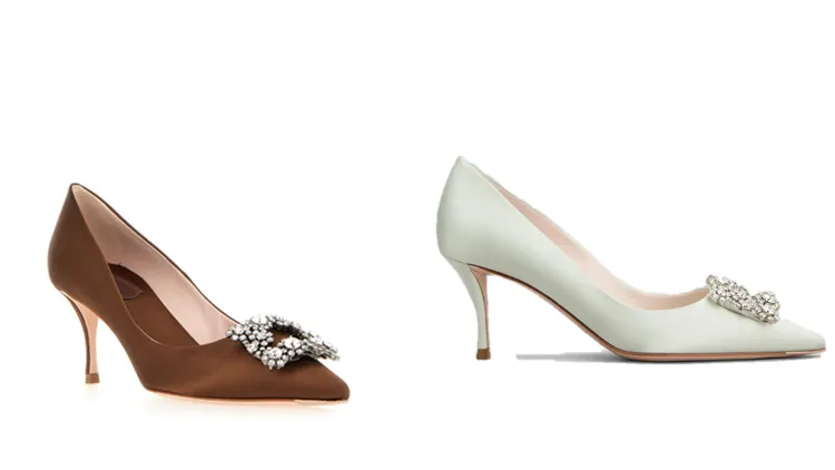 ROGER VIVIER Flower strass巧克力色緞面花鑽高跟鞋（左）、Flower Strass薄荷綠緞面花鑽高跟鞋（右），各7萬8200元。品牌提供