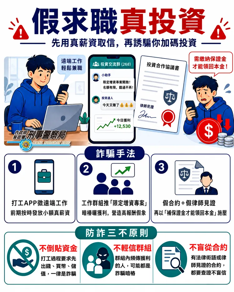 假求職真投資詐騙手法。刑事局提供