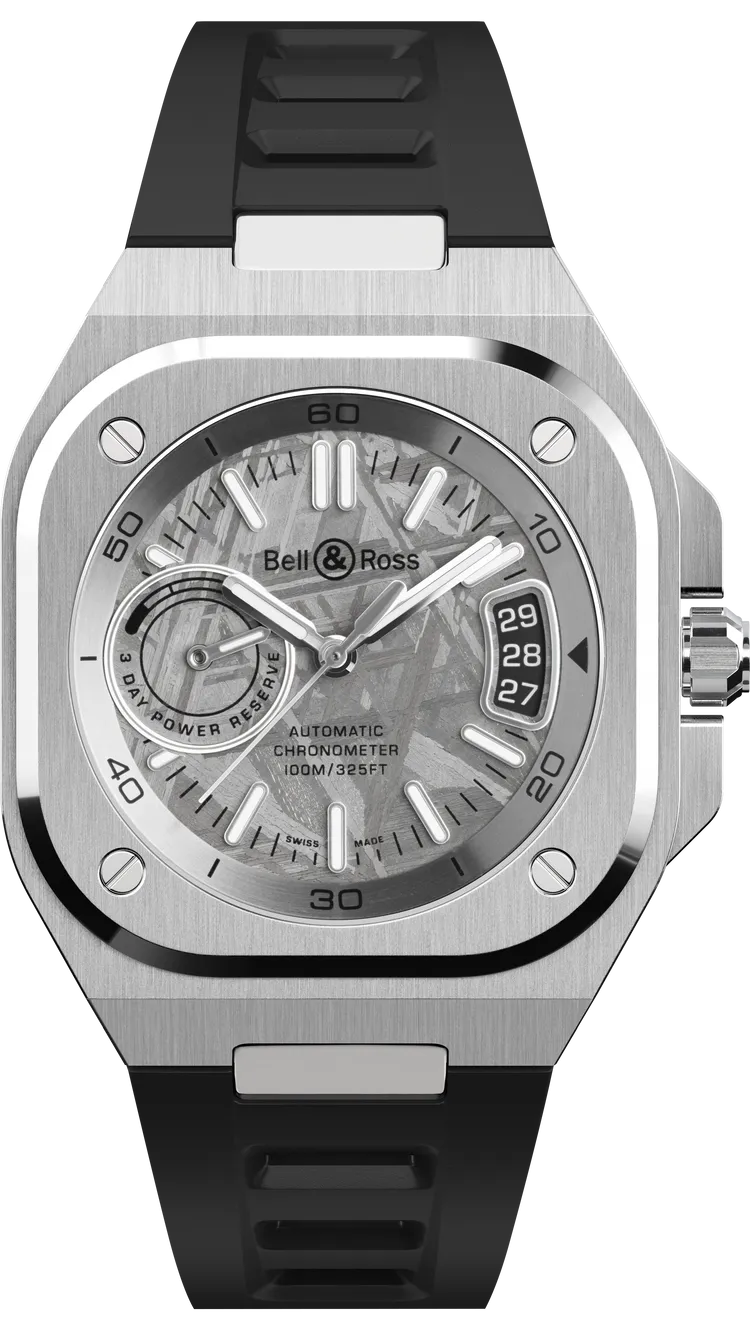 Bell & Ross BR-X5 Meteorite，41mm，精鋼錶殼，Muonionalusta天鐵隕石錶盤，黑色橡膠錶帶，BR-CAL.323機芯，動力儲存70小時，防水深度100米，28萬9000元。品牌提供
