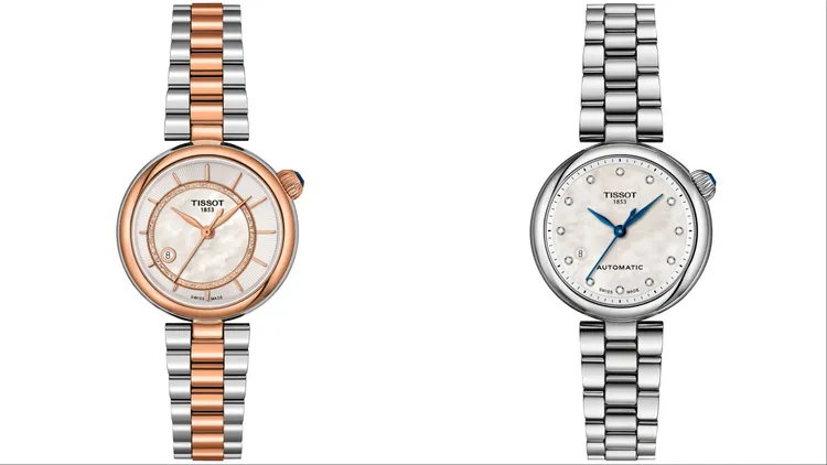 Tissot Désir系列自動腕錶玫瑰金PVD雙色款（左）2萬9100元、鑽石時標款（右）3萬600元。品牌提供