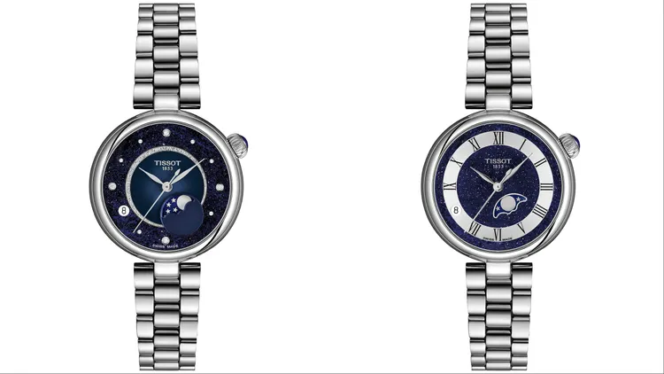 Tissot Désir系列月相石英腕錶鑲鑽新月款（左）1萬6100元、羅馬數字款（右）1萬4500元。品牌提供
