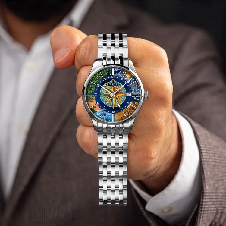 PERRELET WEEKEND GMT ATLAS（型號：A1304/S1），39mm，不鏽鋼錶殼，IFL Watches藝術家手繪旅行主題錶盤，精鋼鍊帶（附藍色鱷魚紋皮革錶帶），Perrelet P-401自動上鍊機芯，動力儲存42小時，防水深度50米，限量50只，12萬8800元。品牌提供