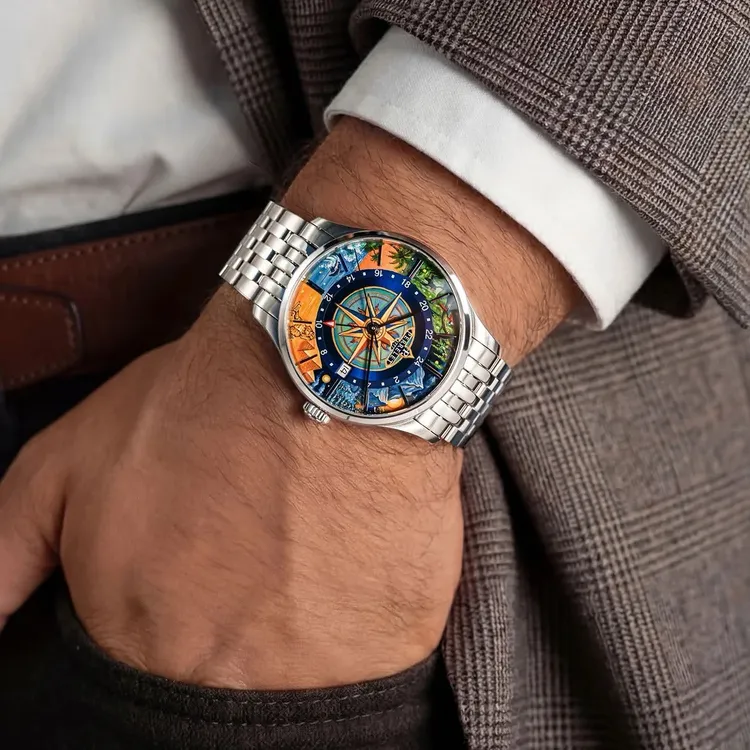 PERRELET WEEKEND GMT ATLAS（型號：A1304/S1），39mm，不鏽鋼錶殼，IFL Watches藝術家手繪旅行主題錶盤，精鋼鍊帶（附藍色鱷魚紋皮革錶帶），Perrelet P-401自動上鍊機芯，動力儲存42小時，防水深度50米，限量50只，12萬8800元。品牌提供