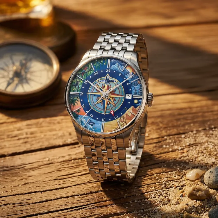 PERRELET WEEKEND GMT ATLAS（型號：A1304/S1），39mm，不鏽鋼錶殼，IFL Watches藝術家手繪旅行主題錶盤，精鋼鍊帶（附藍色鱷魚紋皮革錶帶），Perrelet P-401自動上鍊機芯，動力儲存42小時，防水深度50米，限量50只，12萬8800元。品牌提供
