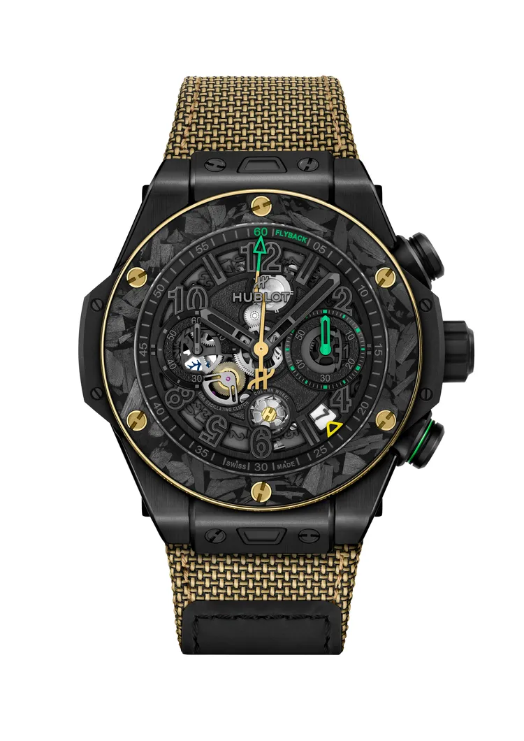 HUBLOT Big Bang Reloaded Usain Bolt限量計時碼錶，44mm，緞面打磨與拋光黑陶瓷錶殼，緞面與霧面鍍黑鏤空錶盤，黃金色彩織物錶帶搭配魔鬼氈（附黑黃綠三色迷彩橡膠錶帶），HUB1280 UNICO自製自動上鍊飛返計時機芯，動力儲存72小時，防水深度100米，限量200只，88萬8000元。品牌提供