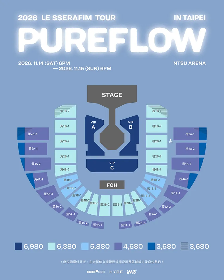 「2026 LE SSERAFIM TOUR ‘PUREFLOW’ IN TAIPEI」座位圖。iMe TW提供