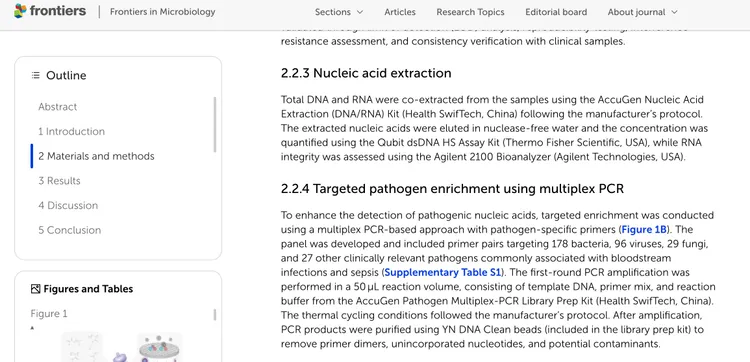 Frontiers學術論文期刊明確寫到使用 YN DNA Clean Beads，來自中國康健迅集 AccuGen 試劑盒