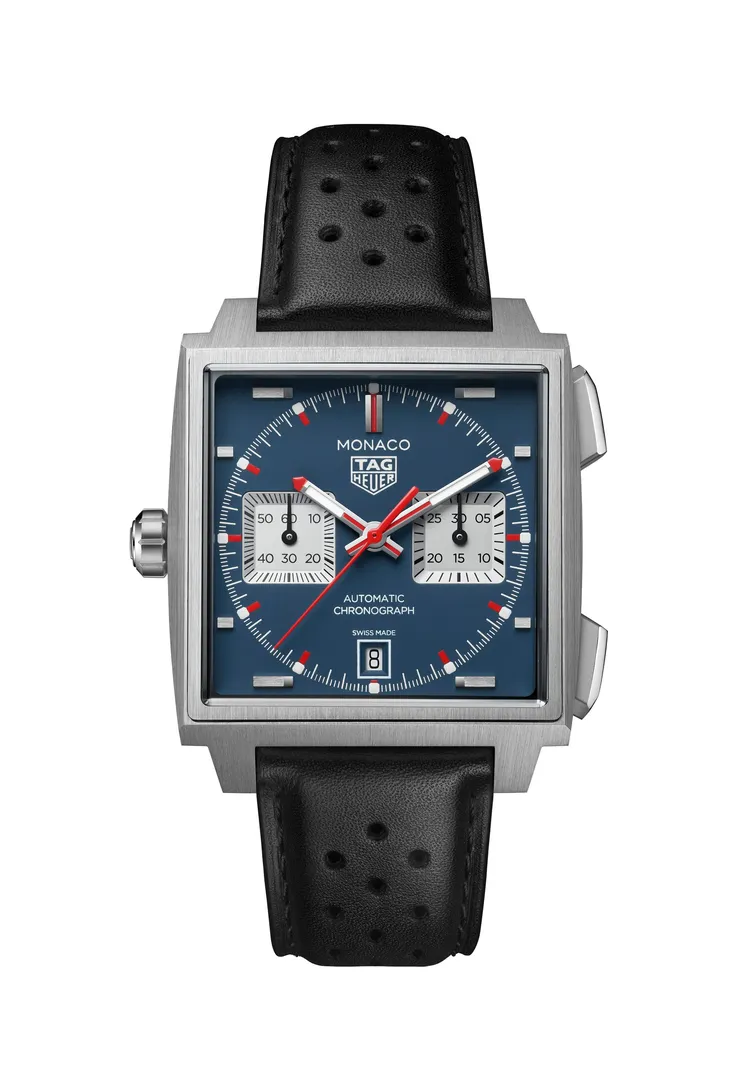 TAG Heuer Monaco左冠計時腕錶經典藍款，編號CDW2181.FC8360，30萬1200元。品牌提供