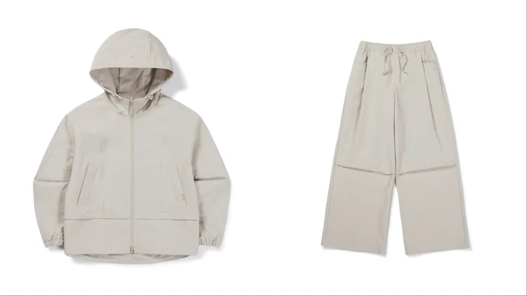 Snow Peak CAMP DRY女款防風外套（左）5290元、CAMP DRY女款寬版長褲 （右）3890元。品牌提供