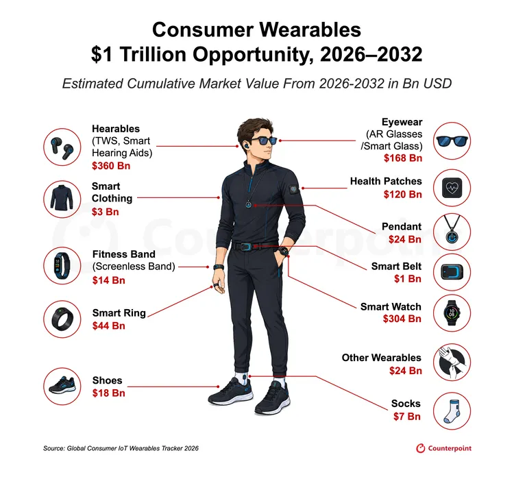 Counterpoint Research預估，2026年至2032年全球消費性穿戴裝置累計營收將突破1兆美元，其中智慧耳戴裝置以3600億美元居冠，智慧手錶以3040億美元排名第二。Counterpoint Research提供