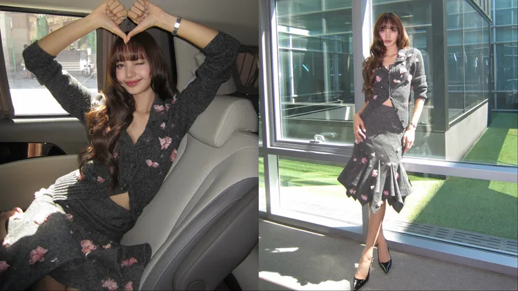 Lisa以設計師品牌MARKGONG灰色針織套裝展現浪漫小性感。翻攝Lisa IG