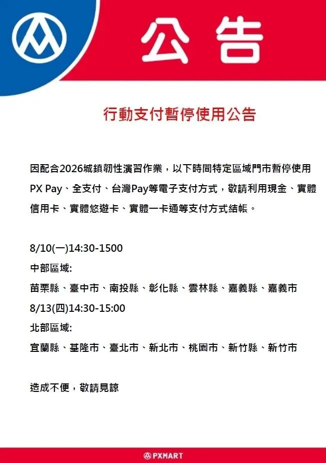 超市量販演習期間行動支付暫停使用公告。萬家福、樂家康提供