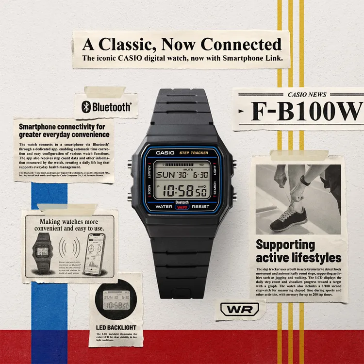 CASIO將經典的數位手錶造型融入現代藍牙科技推出全新F-B100W系列。品牌提供