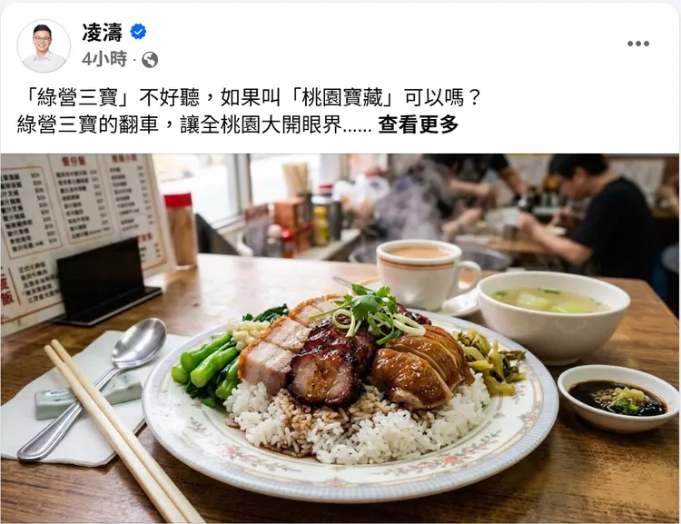 凌濤下午臉書發文附上三寶飯照片，再酸黃瓊慧等人：可以叫妳們桃園寶藏。翻攝自凌濤臉書
