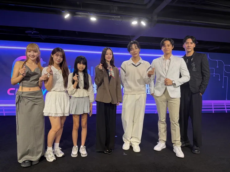張愛（左起）、麥允唯、駱愷菲、顏瑀晴、儲旭（儲榢逸）、徐新洋、廖彥龍出席 發布會。Clipply POP提供