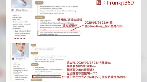 蔣萬安立院簡歷「SJD突然改JD」　她嗆：公布修改紀錄