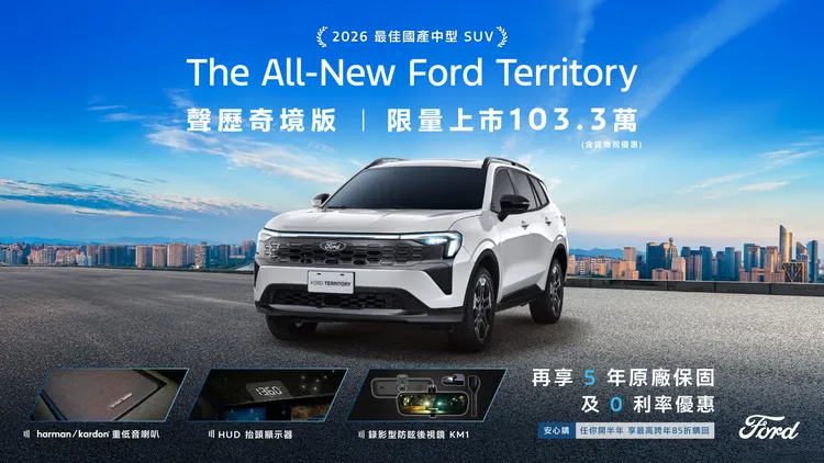 Ford Territory聲歷奇境版延續1.5T Per4mance Hybrid驚豔版的產品基礎，增加harman/kardon重低音喇叭、HUD抬頭顯示器及KM1電子後視鏡。業者提供