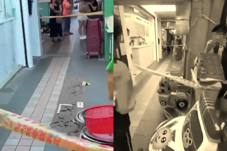 新北瑞芳區民廣場附近一間茶飲店，今天下午發生高中生喋血案，1名私立中學國中部學弟發生衝突後，持利剪刺傷高中部學長，地下遺留犯案用剪刀。翻攝threads/ch.89.8989
