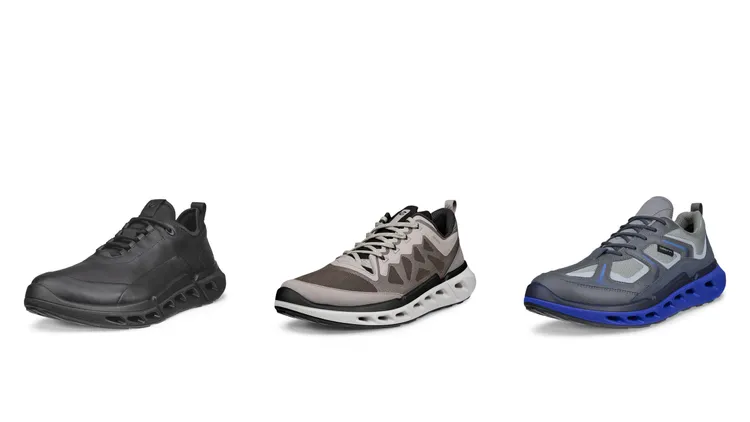 ECCO BIOM 720皮革防水男鞋（左起）8680元、BREATHRU布透氣男鞋6680元、BREATHRU網布防水男鞋8380元。品牌提供