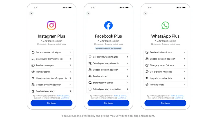 台灣單一產品方案以WhatsApp Plus最便宜，月費49元；Instagram Plus與Facebook Plus皆為69元。Meta提供