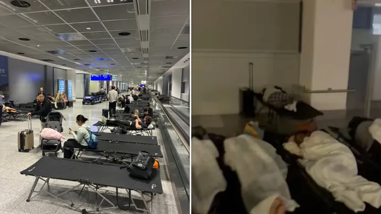 網路流傳影像顯示旅客在法蘭克福航站受困的狼狽模樣。翻攝X@vodykaka
