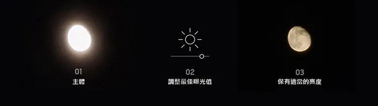 三星分享月亮若曝光過高，拍起來容易變成一團白光；調整曝光、保留適當亮度後，才能呈現月面紋理。三星官網