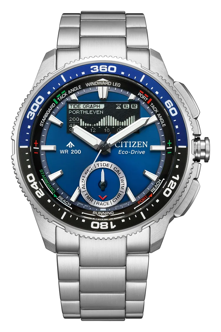 CITIZEN光動能液晶顯示潮汐計算帆船腕錶JV3006-50L，2萬8800元。品牌提供