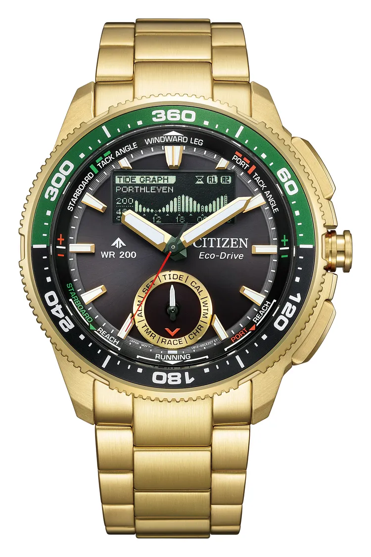 CITIZEN光動能液晶顯示潮汐計算帆船腕錶JV3002-51E，3萬800元。品牌提供