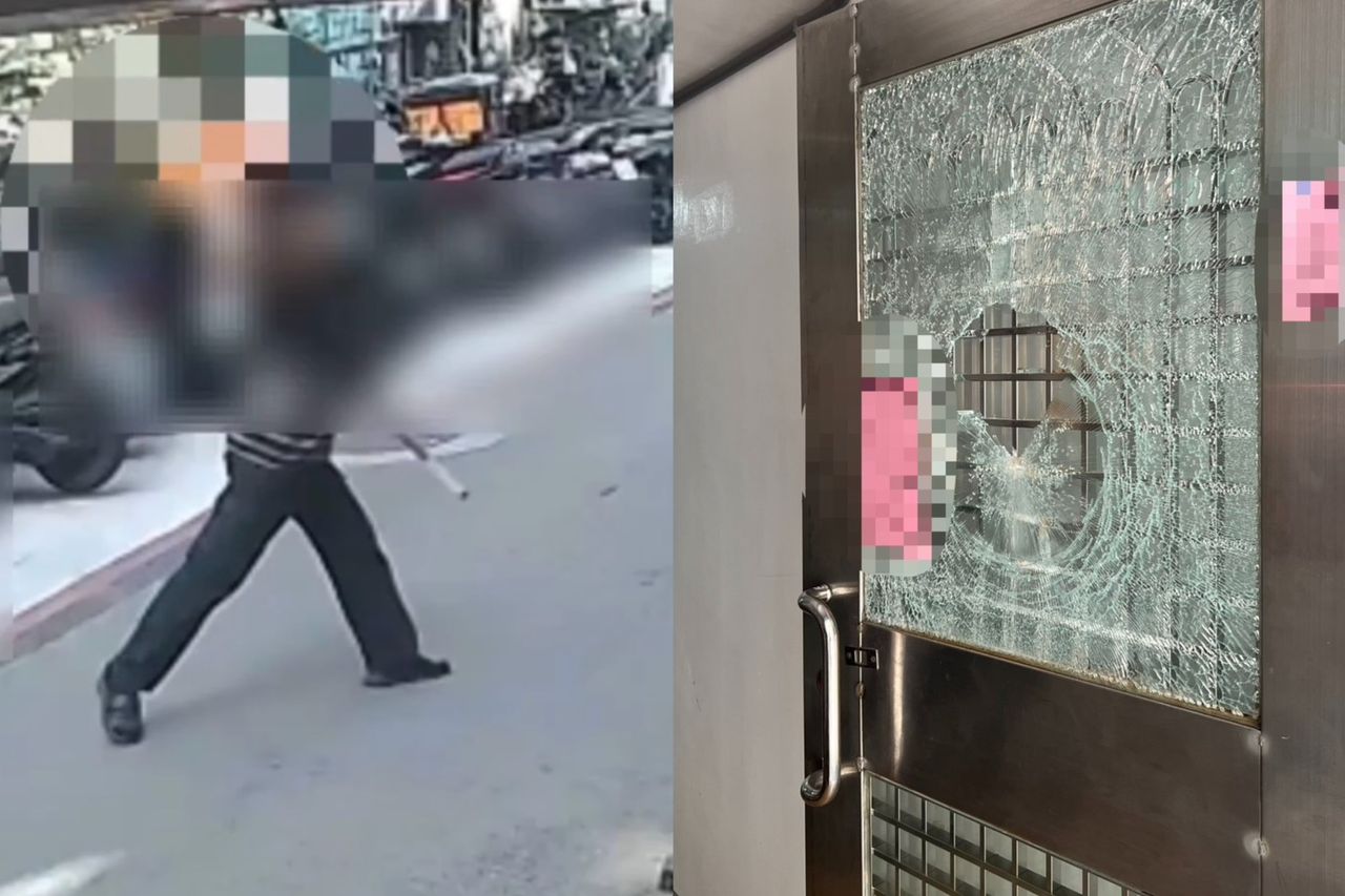 鐵棍+磚頭全用上!北市男猛砸社區大門玻璃碎裂成大洞 監視器畫面曝光