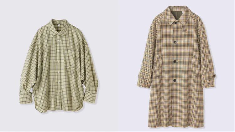 GU蝙蝠袖格紋襯衫（左）690元、格紋立領大衣（右）1990元。品牌提供