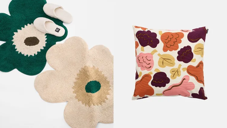 Marimekko Unikko游霓可花形地墊（左）各4090元、 紫橘米三色Kukasta kukkaan印花抱枕（右）2590元。品牌提供